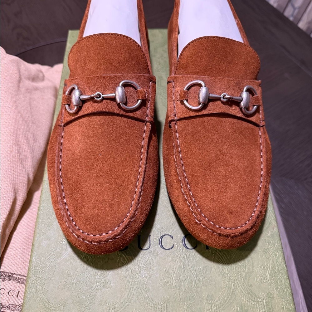 Gucci Tan Suede Loafers with Silver Detailing